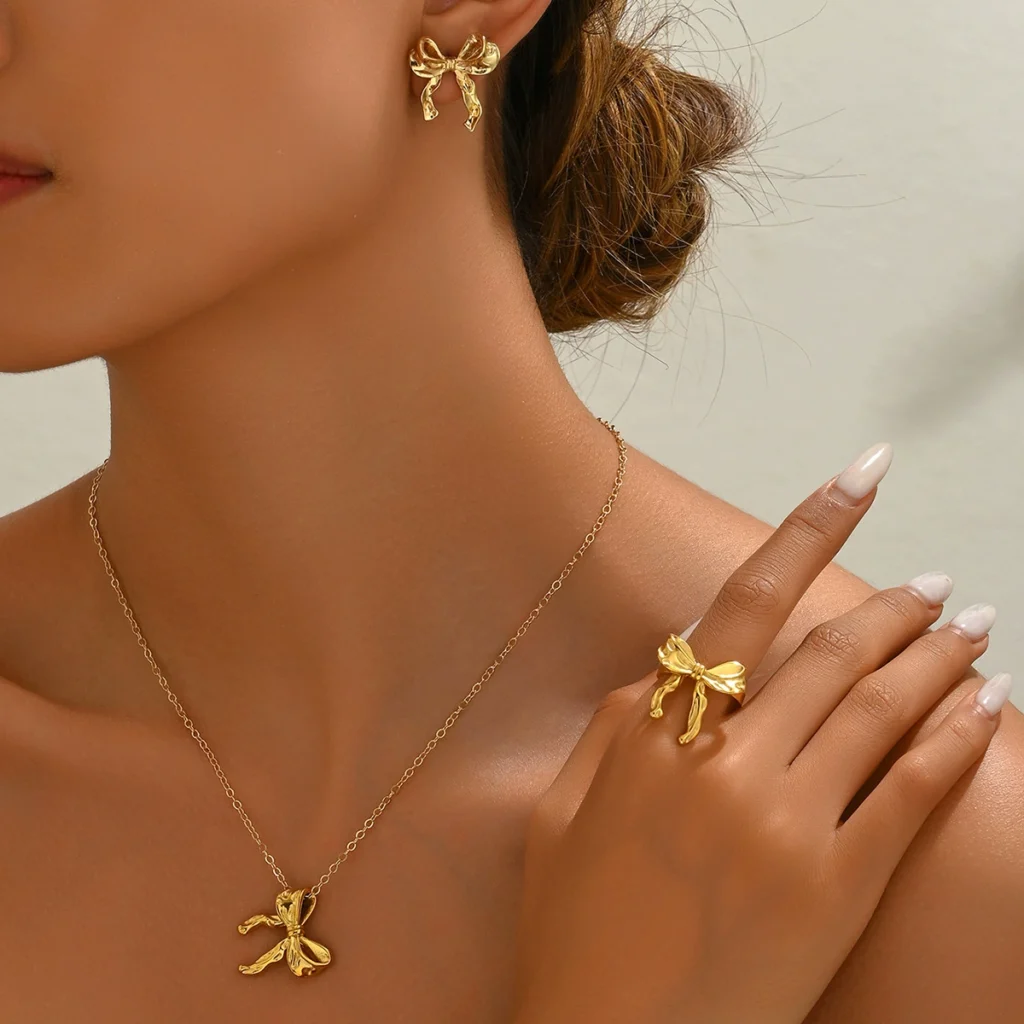 European Women'S Earring & Necklace Set Designer Bow Elegant Necklace Jewelry Earring & Necklace Set Bow