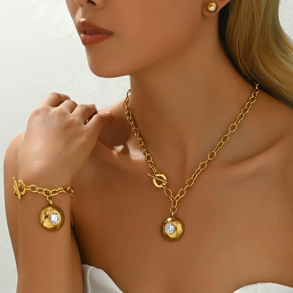 Women'S European Earring & Necklace Set Geometric Cz Bracelet Jewelry Cz Earring & Necklace Set +