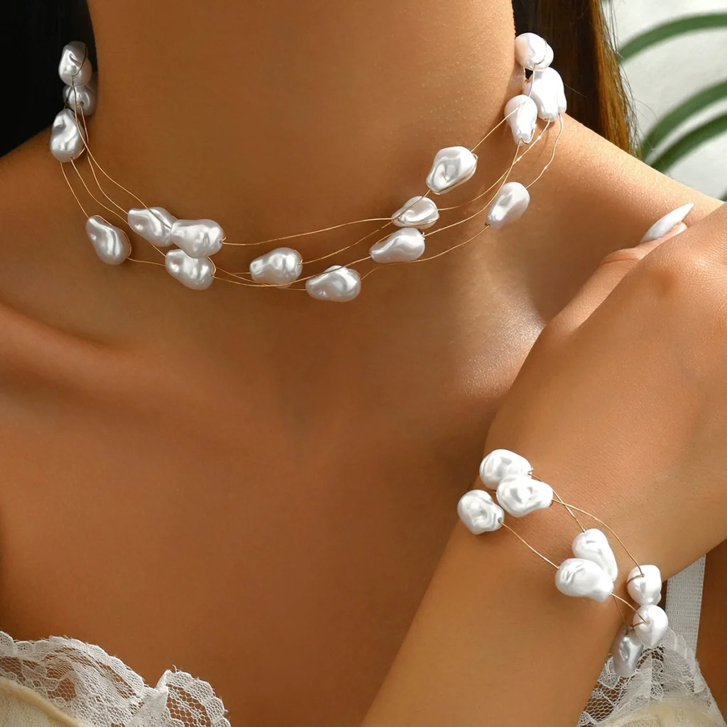 European Women'S Pearl Necklace Bracelet Set Designer Beaded Multi-Layer Bangle Jewelry Pearl +