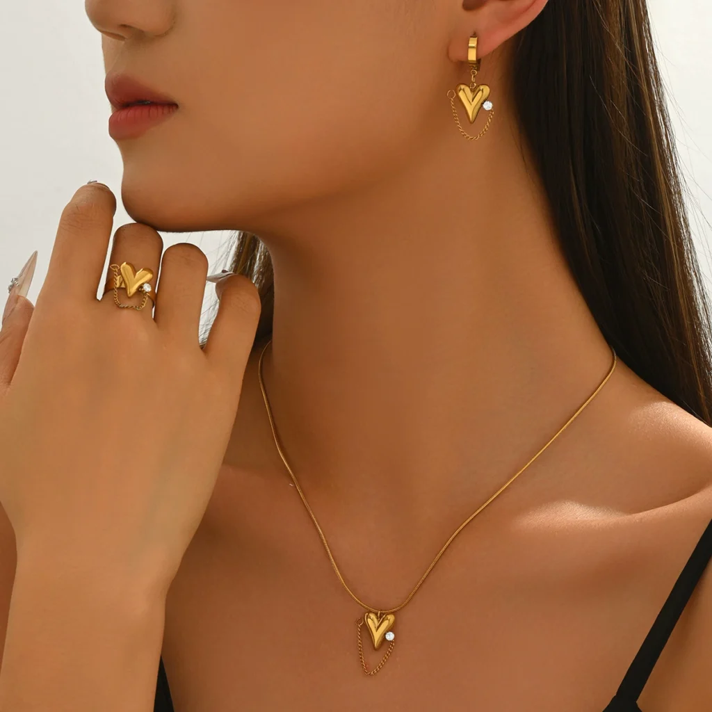 Jewelry Heart Cz Chain Ring Earrings Pendant Necklace Earring & Necklace Set +