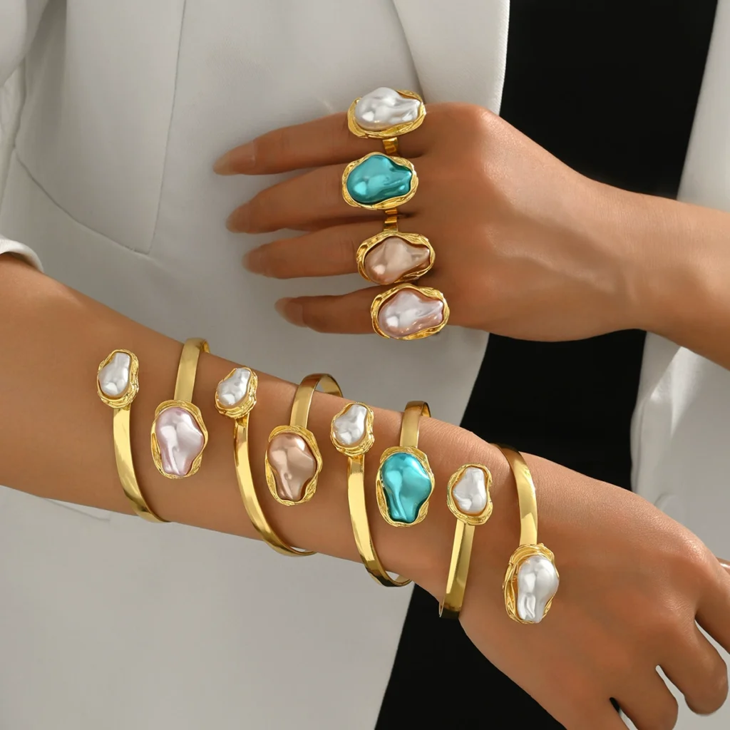 Vintage European Women'S Bangle Set Geometric Pearl Open Ring Pearl Alloy +