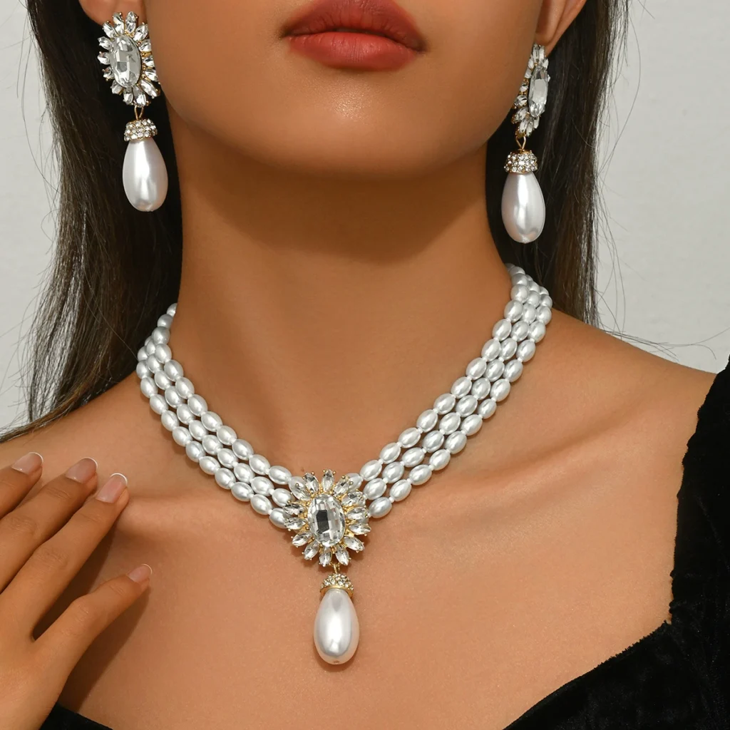 Geometric Luxury European Women'S Pearl Necklace & Earring Set Designer Crystal Multi-Layer Choker Alloy Crystal Earring & Necklace Set
