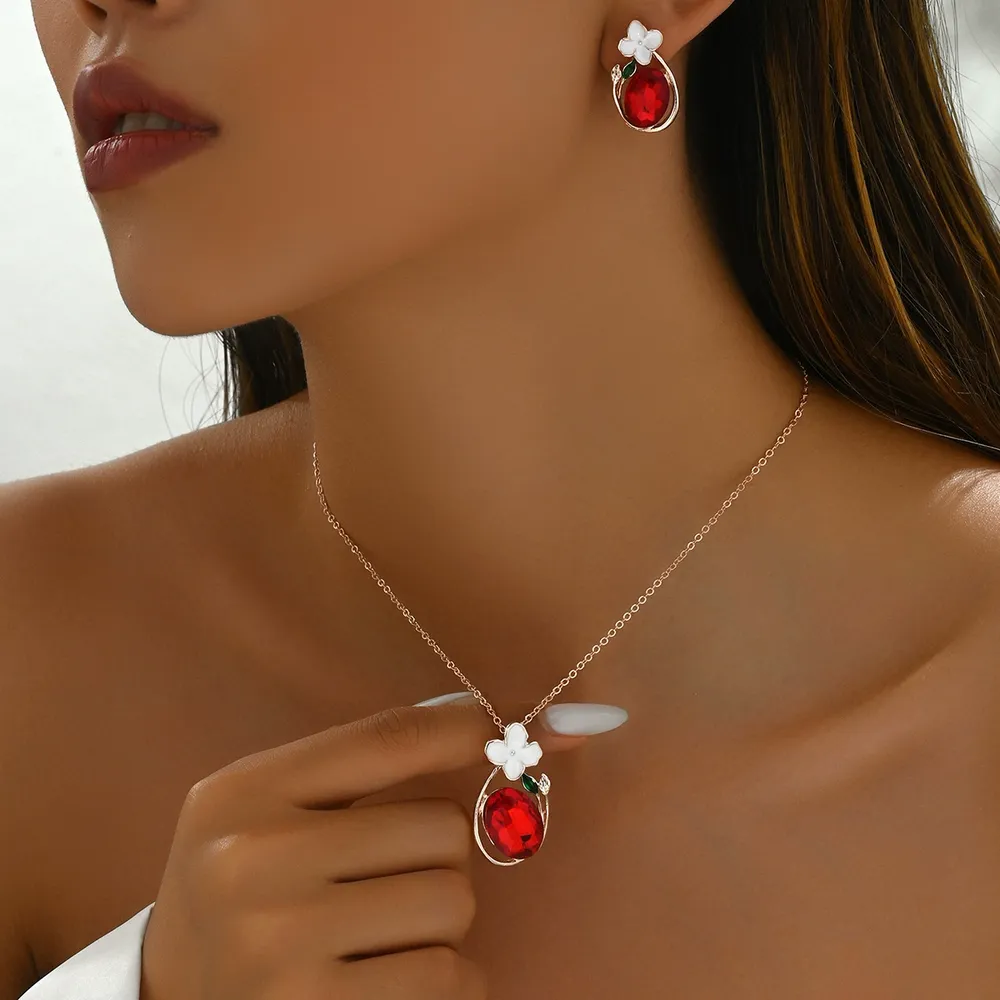 Fresh Korean Earrings Necklace Jewelry Set Inlaid Cz Flower Earring & Necklace Set Flower