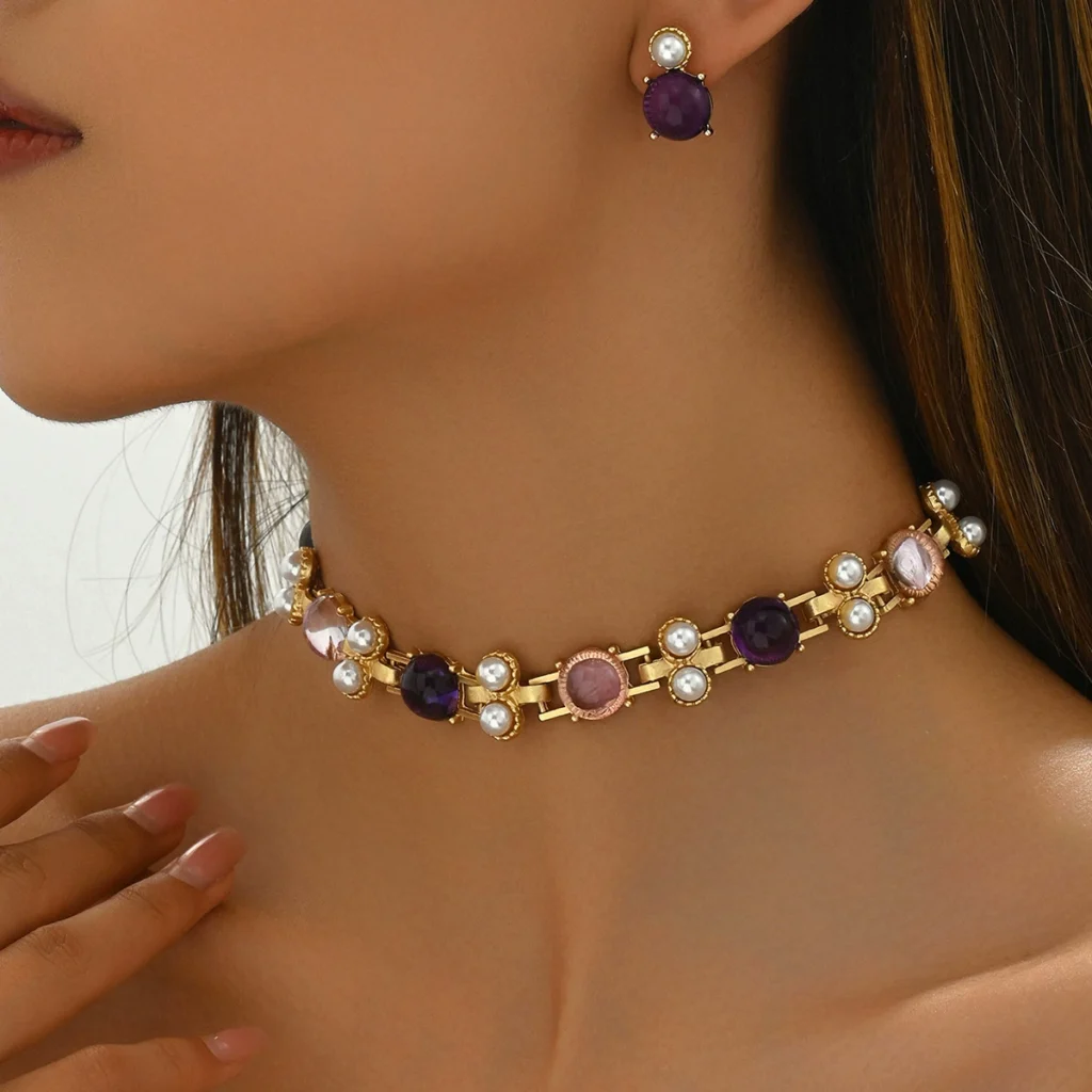 Korean Fresh Inlaid Women'S Stud Earrings Jewelry Set Designer Geometric Necklace Gold Plated Inlaid