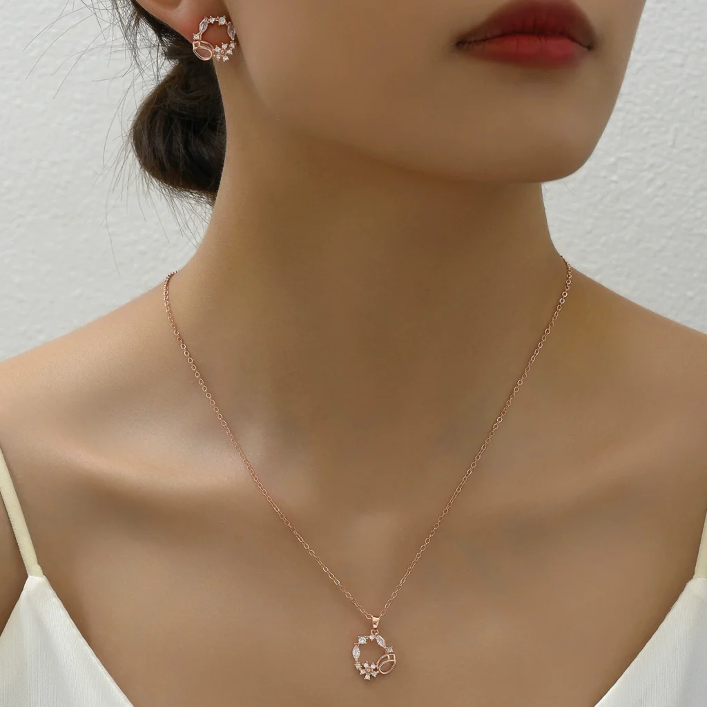 Korean Fresh Earring & Necklace Set Minimalist Inlaid Cz Stud Earrings Designer Choker Cz Earring & Necklace Set