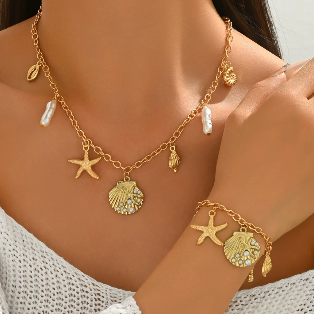 Fashion Women'S Necklace Geometric Inlaid Pearl Bracelet Long Choker Pearl Alloy +