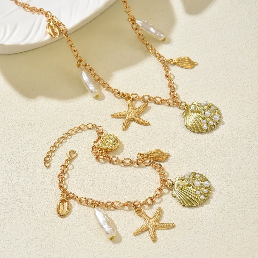 Fashion Women'S Necklace Geometric Inlaid Pearl Bracelet Long Choker Pearl Alloy + - Image 3