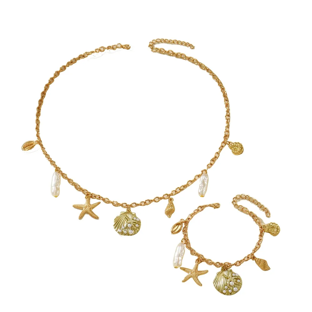 Fashion Women'S Necklace Geometric Inlaid Pearl Bracelet Long Choker Pearl Alloy + - Image 5