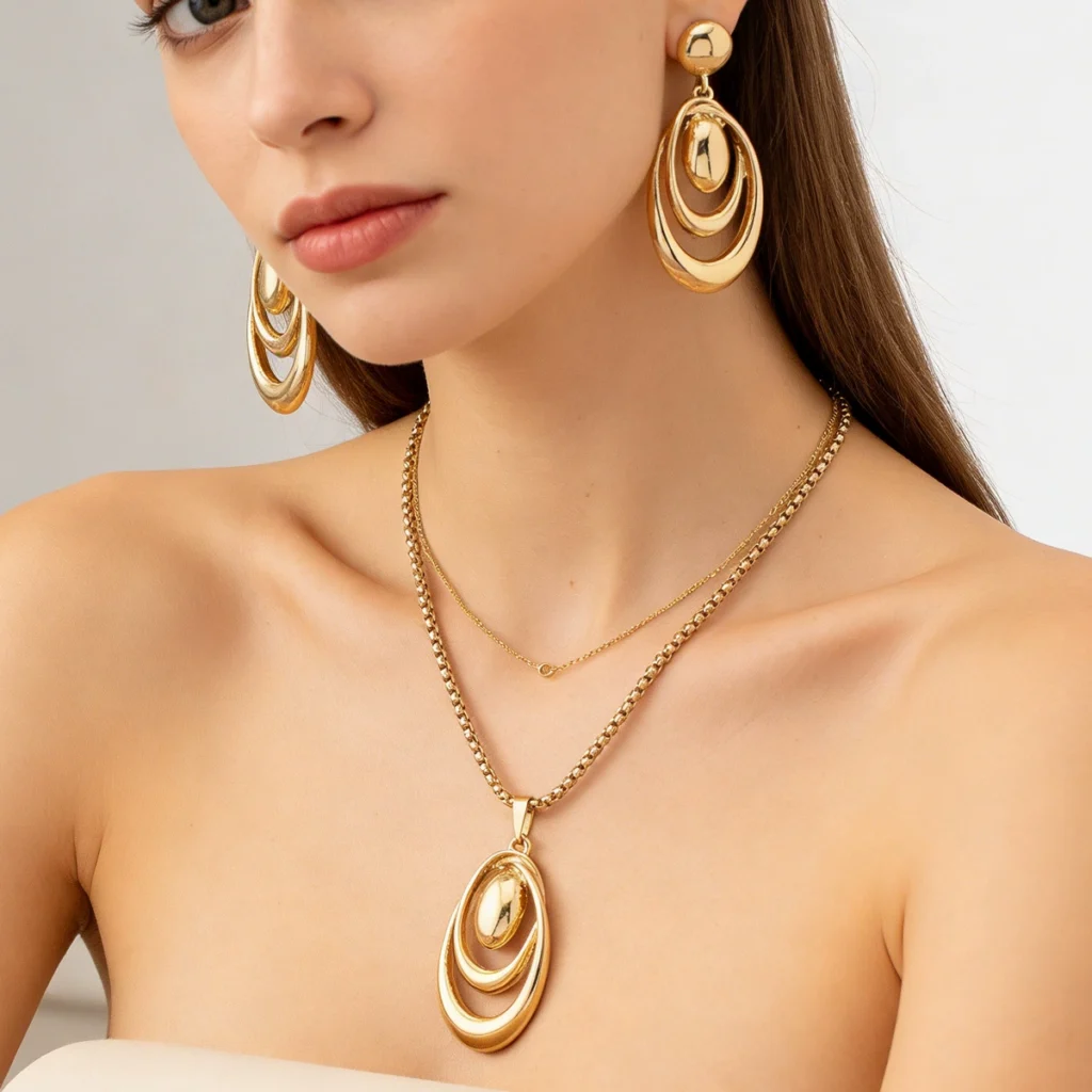 Vintage European Jewelry Designer Geometric Pendant Necklace Earrings Jewelry Set Jewelry Set Top