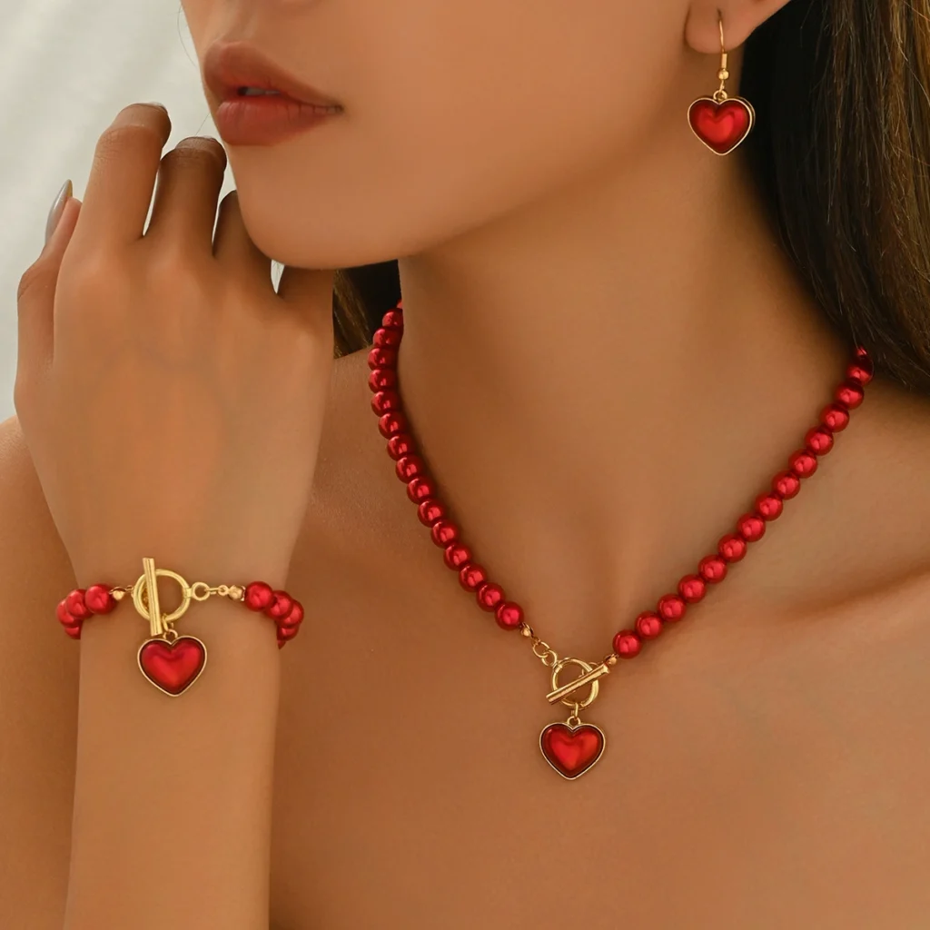 European Women'S Jewelry Set Geometric Heart Woven Pearl Necklace Earrings Jewelry Set Top
