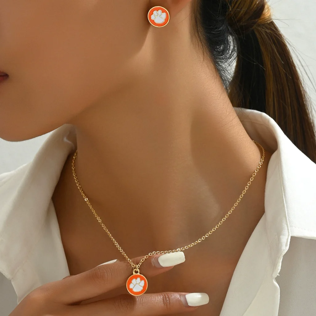 Office Chic Necklace & Earring Set Paw Print Enamel Choker Alloy Earring & Necklace Set