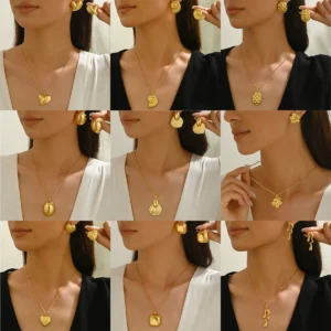跨境欧美风女士项链耳环套装 几何心形设计高级感吊坠链百搭耳饰合金耳饰+项饰常规链