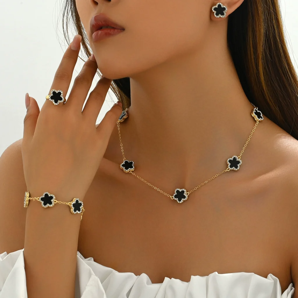 Women'S Bracelet Jewelry Set Cz Flower Necklace Earrings Designer Ring Alloy Earring & Necklace Set +