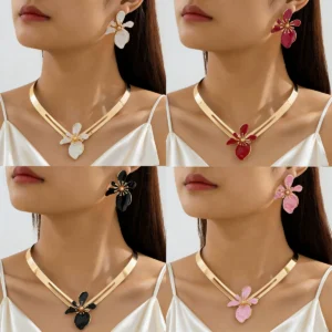 European Jewelry Set Gold Flower Enamel Earrings Elegant Necklace Gold Earring & Necklace Set