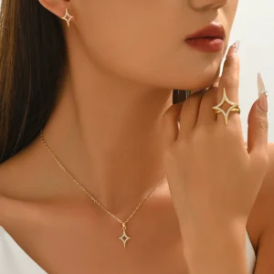 Vintage European Necklace Geometric Star Cz Earrings Designer Ring Jewelry Set Cz Earring & Necklace Set +
