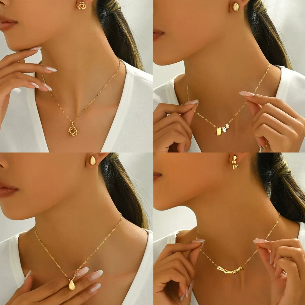 Korean Geometric Stud & Necklace Set 18K Gold Choker Earrings Earring & Necklace Set