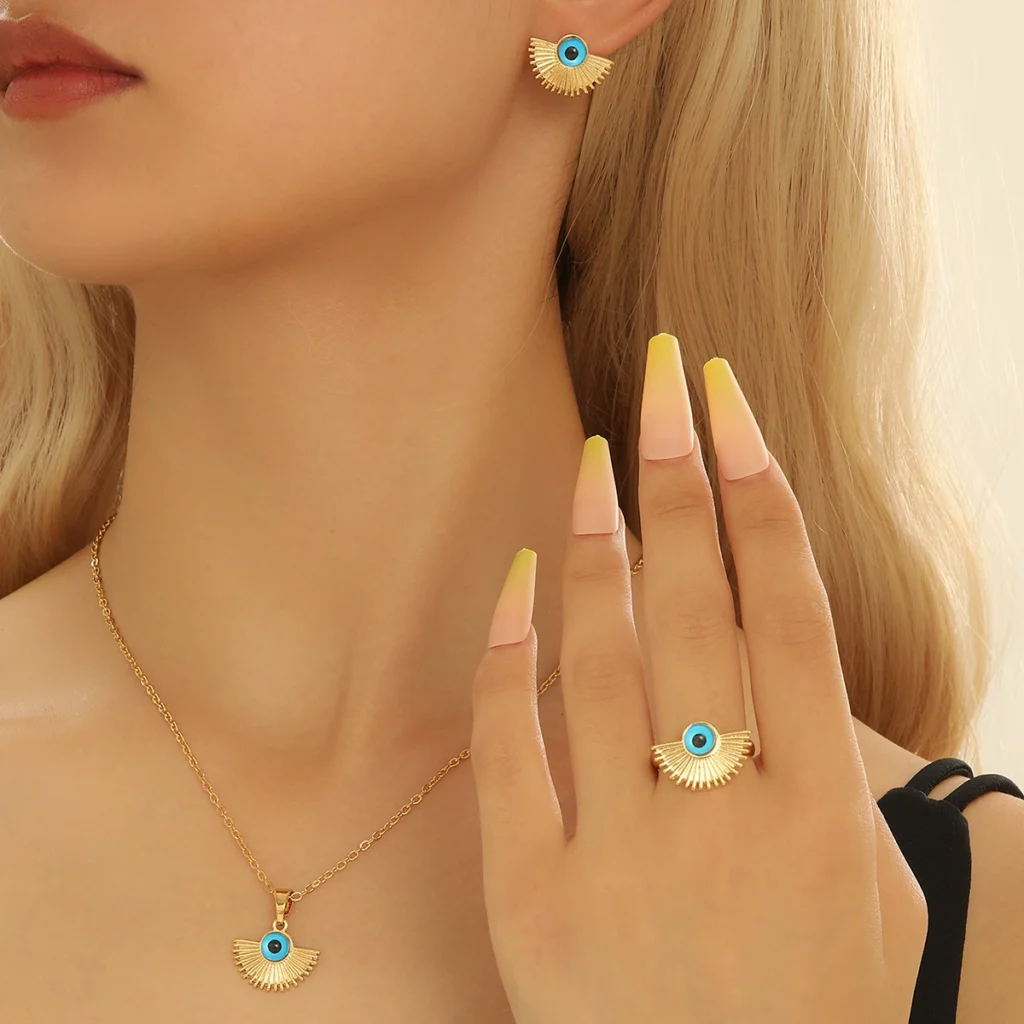 Vintage American Ring Necklace Jewelry Set Evil Eye Enamel Earrings Designer Choker Alloy Earring & Necklace Set +