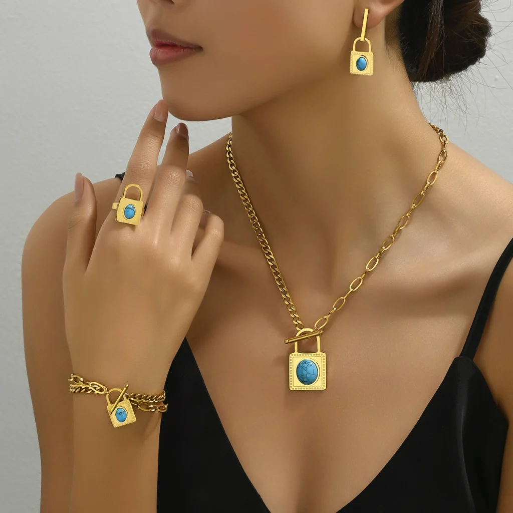 Minimalist Women'S Bracelet Earring Set Inlaid Turquoise Designer Long Necklace Turquoise Earring & Necklace Set +