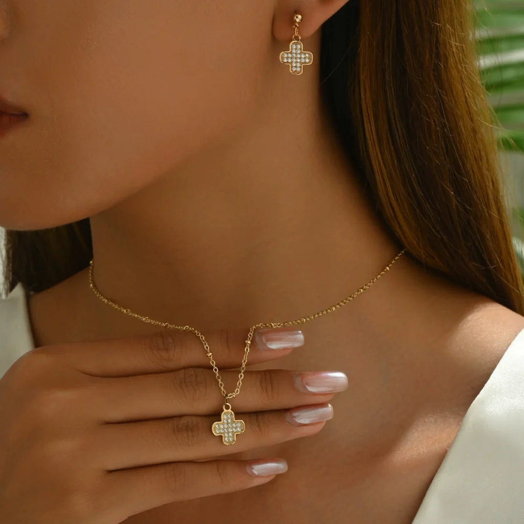 Minimalist Korean Women'S Inlaid Cz Necklace & Earring Set Choker Stud Earrings Earring & Necklace Set