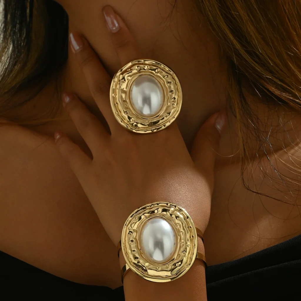 Vintage European Women'S Bangle Ring Set Pearl Designer Open Ring Pearl +