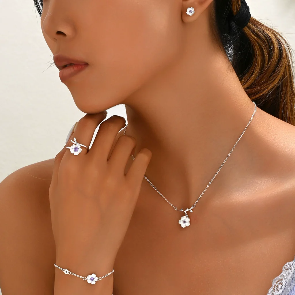 Fresh Korean Women'S Ring Necklace & Earring Set Cz Long Necklace Cz Alloy Earring & Necklace Set