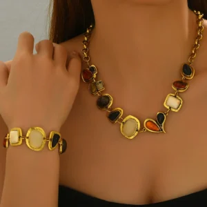 European Women'S Jewelry Set Inlaid Geometric Necklace Bracelet Alloy +