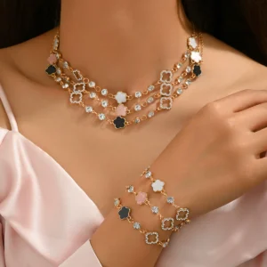 European Women'S Necklace Set Flower Cz Bracelet Elegant Choker Jewelry +