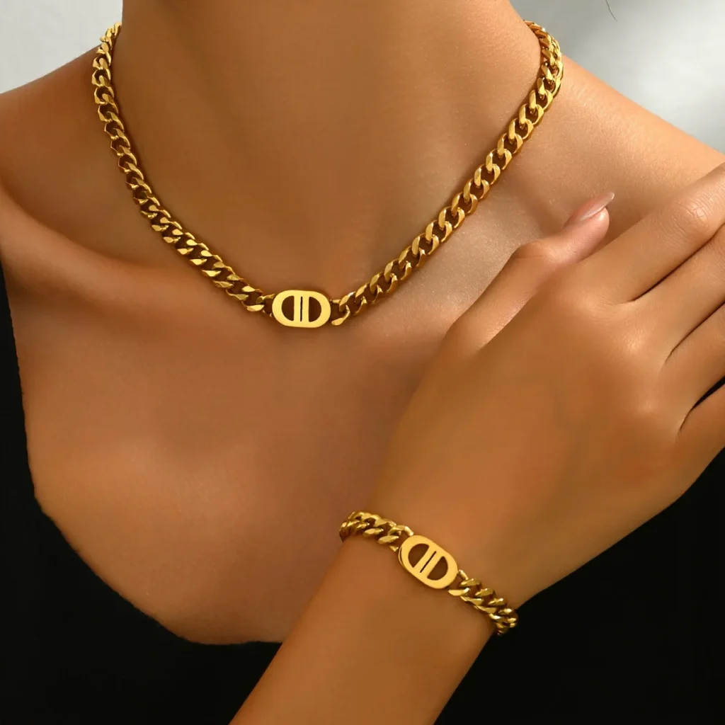 European Women'S Luxury Necklace Bracelet Set Designer Geometric Long Choker Jewelry Set Top
