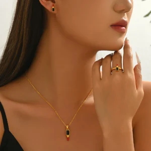 跨境欧美风女士项链 几何滴油口红设计耳环百搭开口戒指首饰套装耳饰+项饰+手饰常规