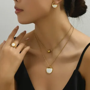 ins清新日韩风女戒指耳环项链套装个性镶锆石圆形锁骨链百搭手饰耳饰+项饰+手饰常