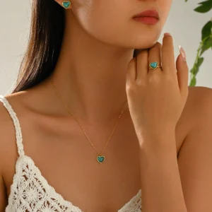 跨境欧美风时尚项链套装女 几何镶嵌绿松石爱心戒指百搭耳环套装30天内上新9.9销