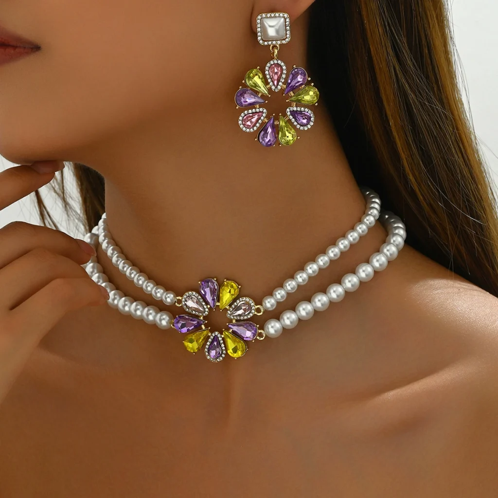Vintage European Vintage Necklace Flower Earrings Designer Elegant Beaded Jewelry Set Alloy Earring & Necklace Set Bead