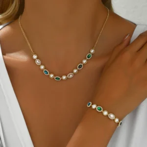 European Women'S Pearl Necklace Jewelry Set Cz 18K Bracelet Choker Pearl +