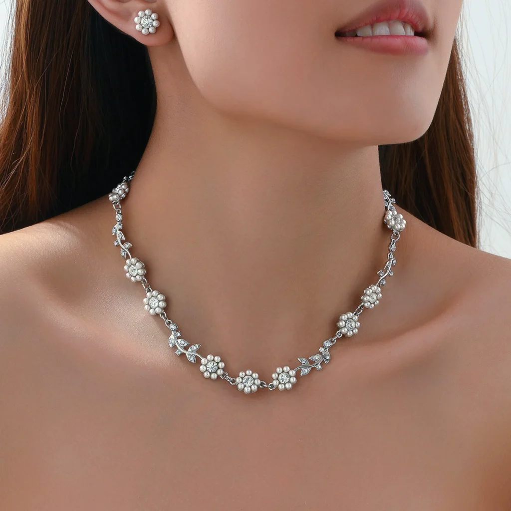 Korean Earring & Necklace Set Inlaid Pearl Cz Necklace Earrings Pearl Alloy Earring & Necklace Set