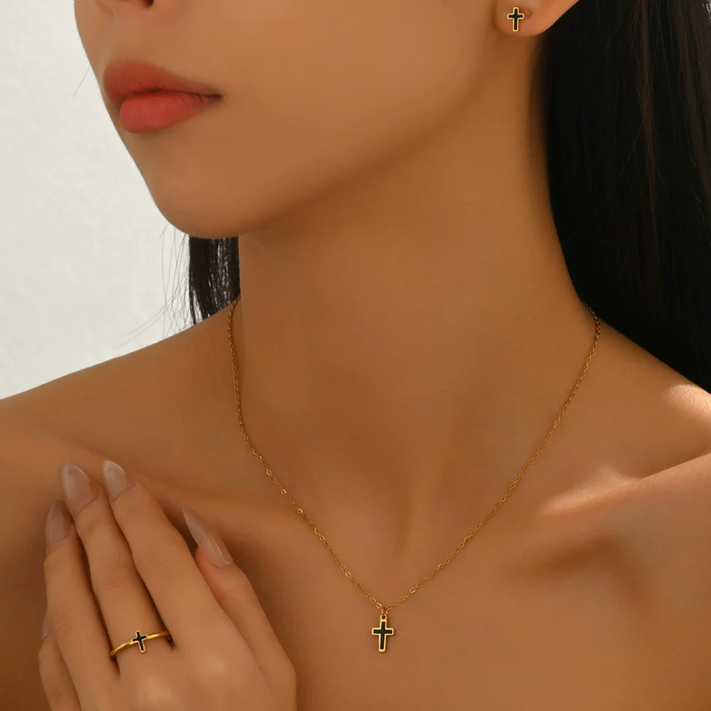 Vintage European Jewelry Set Geometric Cross Enamel Earrings Long Necklace Earring & Necklace Set +