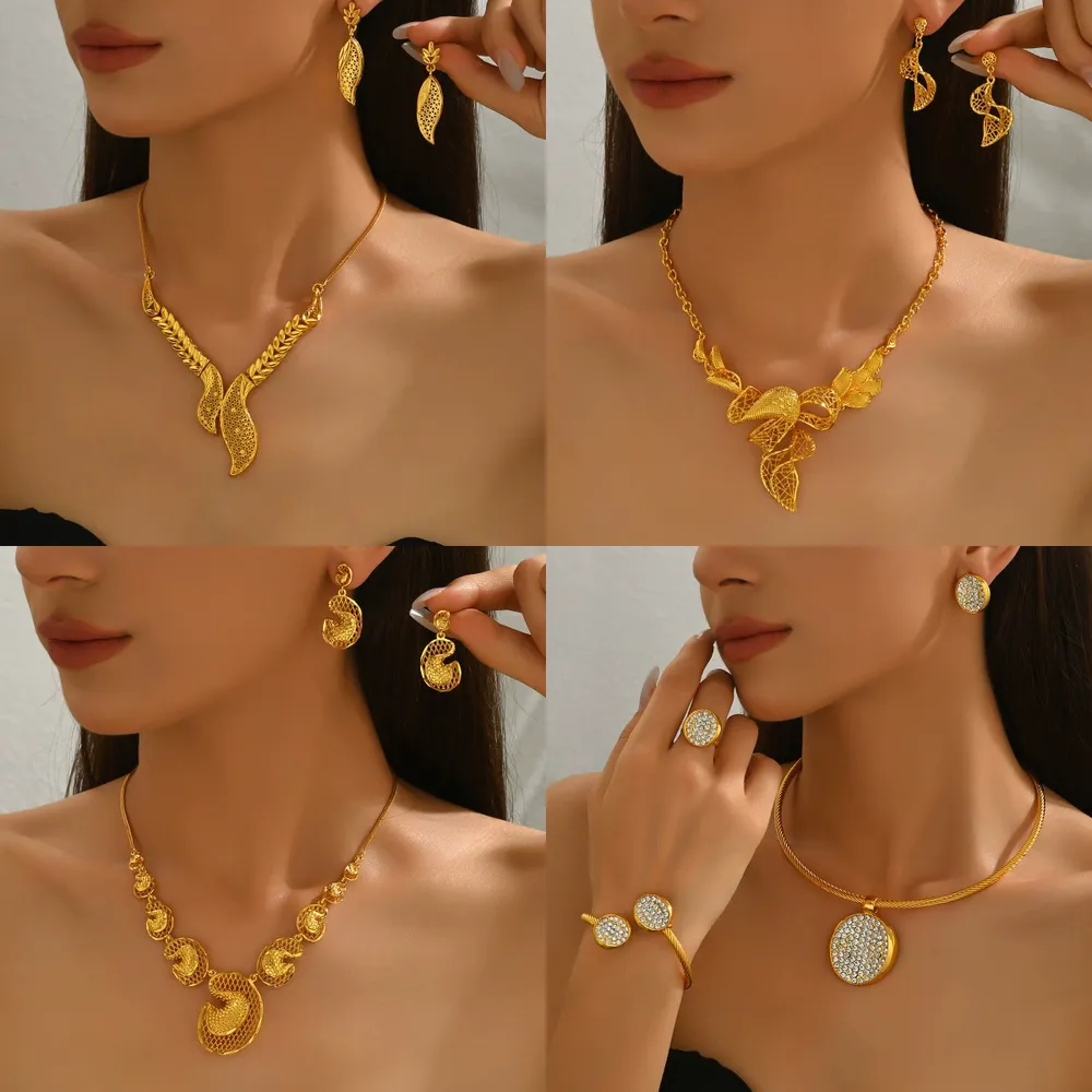 Women'S Necklace Earrings Jewelry Set Geometric Hollow Cz Pendant Choker Alloy Earring & Necklace Set +