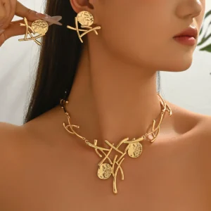 European Jewelry Geometric Gold Line Necklace Earrings Jewelry Set Top
