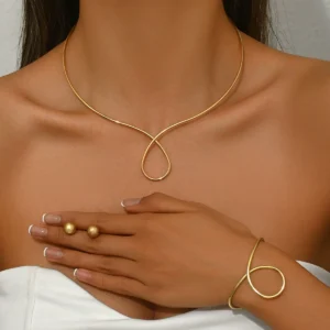 Geometric European Necklace Earrings Women'S Bangle Set Designer Plain Band Jewelry Alloy Earring & Necklace Set +