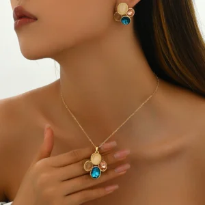 Geometric Luxury Women'S Necklace & Earring Set Inlaid Stud Earrings Long Elegant Gold Plated Inlaid