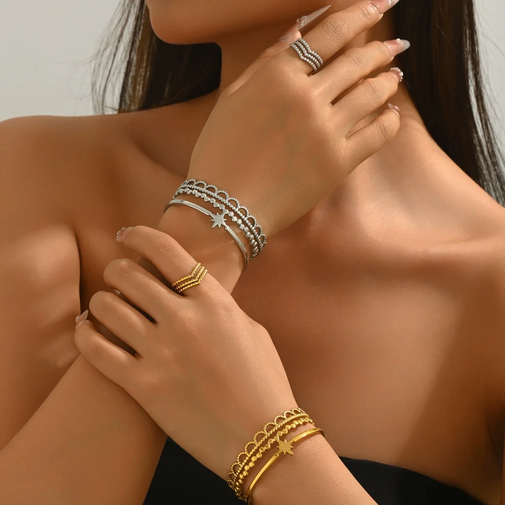 European Women'S Bangle Set Geometric Open Multi-Layer Open Ring +