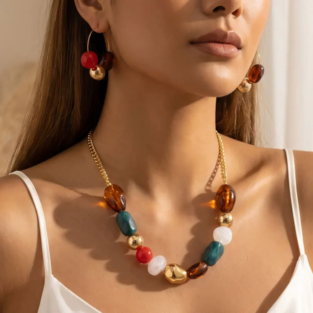 European Necklace Set Geometric Woven Beads Choker Earrings Earring & Necklace Set