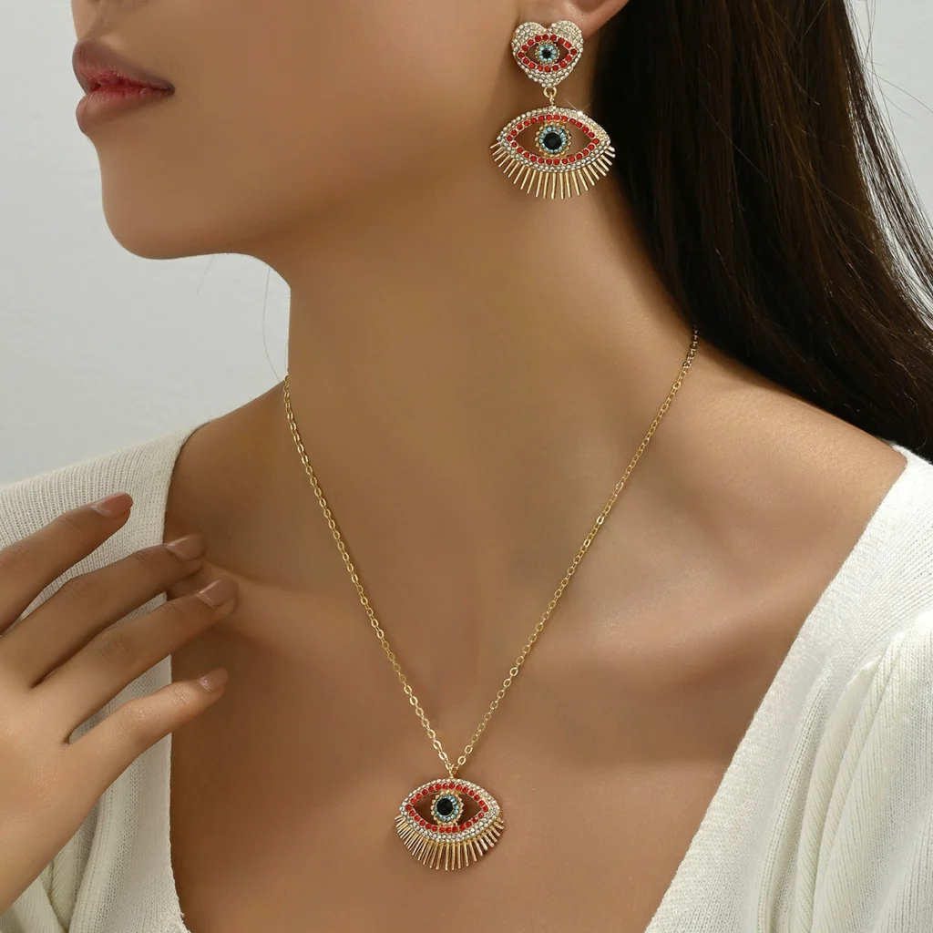 European Women'S Necklace Heart Evil Eye Designer Earrings Long Chain Alloy Earring & Necklace Set