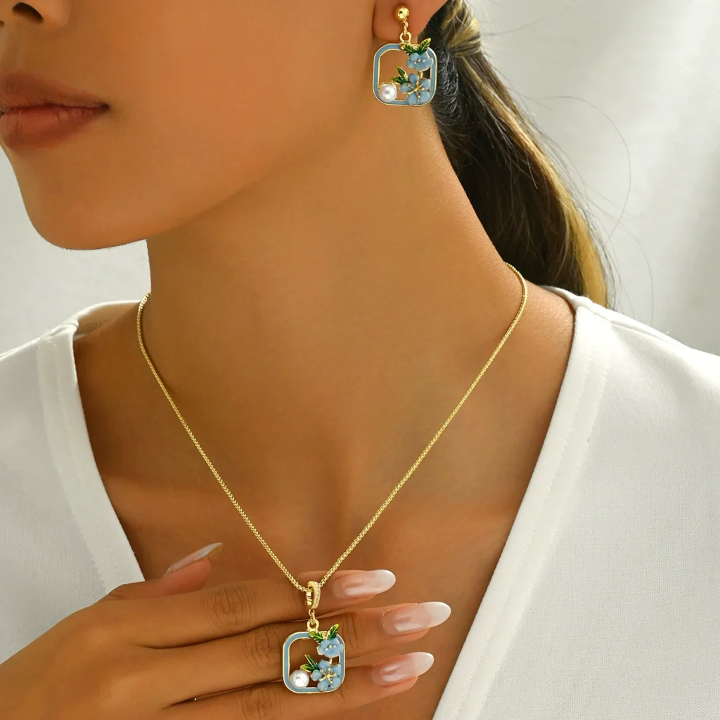 European Women'S Flower Necklace Earrings Jewelry Set Designer Enamel Earrings Pendant Pearl Earring & Necklace Set