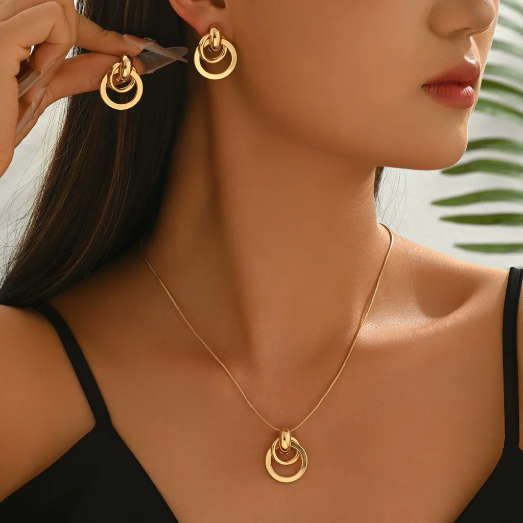 European Necklace Geometric Gold Polished Earrings Elegant Jewelry Set Jewelry Set Top