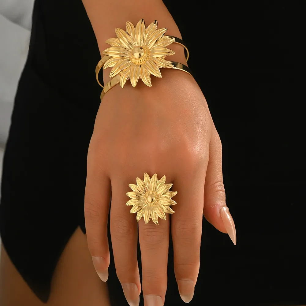 Fashion Women'S Bangle Geometric Flower Gold Open Ring Elegant + - Image 2