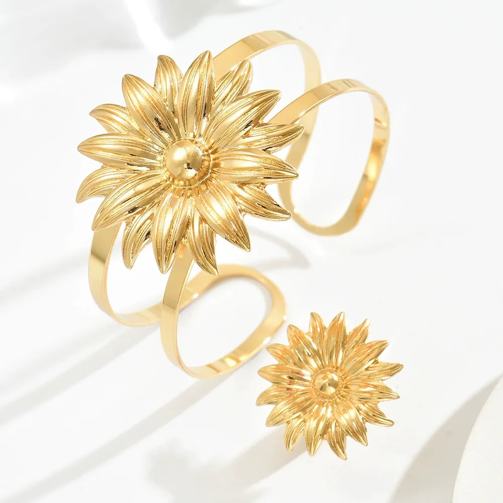 Fashion Women'S Bangle Geometric Flower Gold Open Ring Elegant + - Image 3