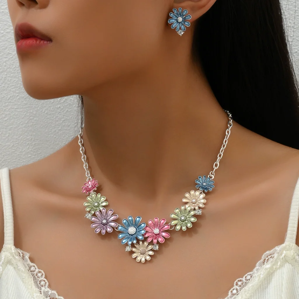 Flower Earrings Necklace Jewelry Set Designer Alloy Necklace Drop Earrings Gold Earring & Necklace Set