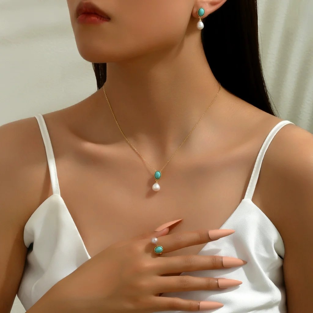 Minimalist Vintage Earrings Necklace Ring Set Designer Inlaid Pearl Stud Earrings Ring Jewelry Pearl Earring & Necklace Set +