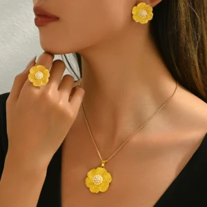 欧美跨境几何风女士项链耳环套装个性花朵镶嵌米珠设计开口戒指女珍珠合金耳饰+项饰+
