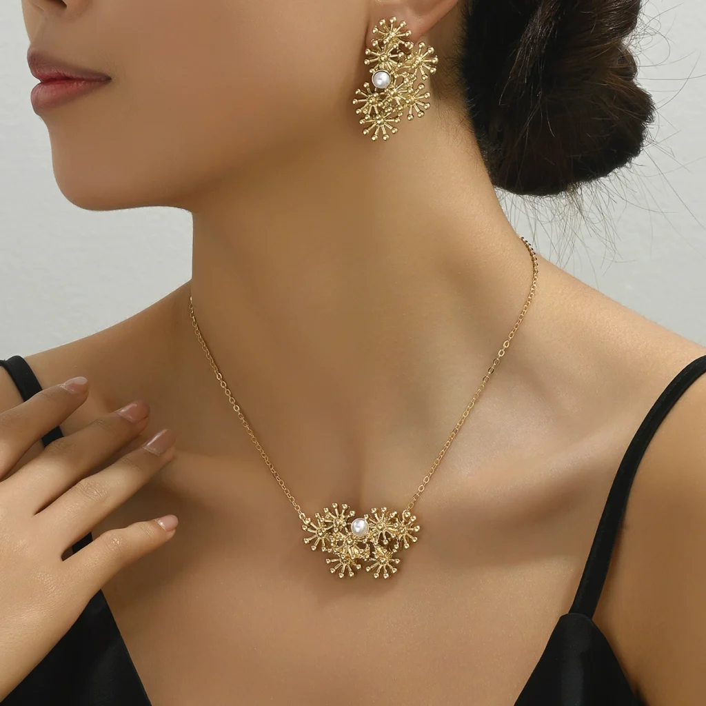 Sun Women'S Stud & Necklace Set Pearl Designer Choker Pearl Alloy Earring & Necklace Set